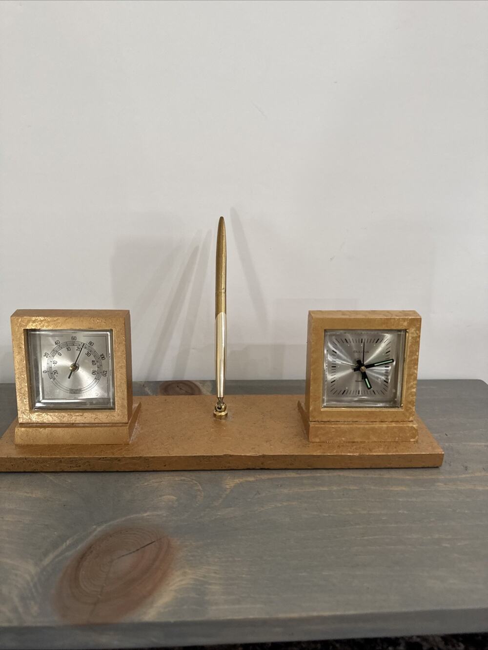 Bulova Desk Set Alarm Clock Thermometer Pen Wood Mid Century Modern VTG